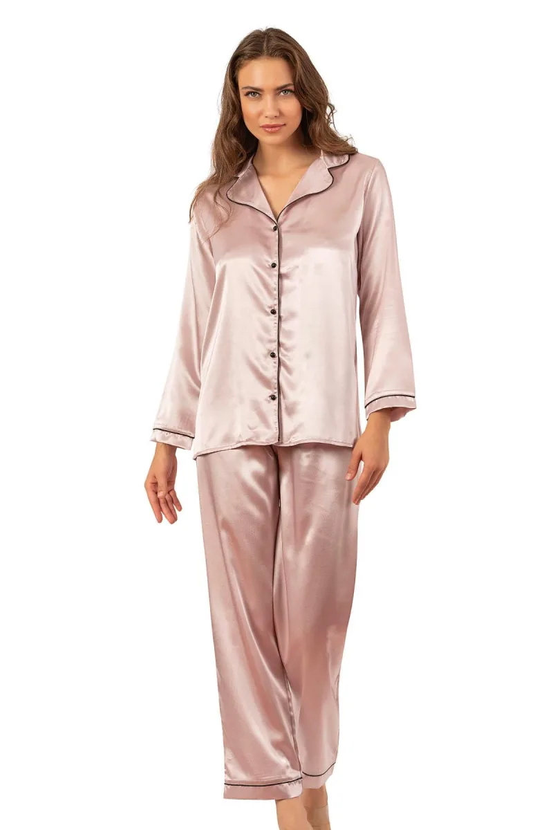 Biyeli Uzun Kol Saten Önden Düğmeli Pijama Takımı | Pudra 7647