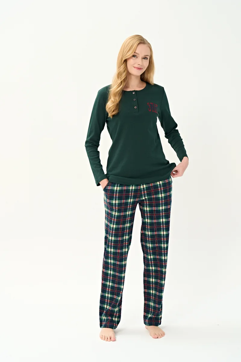 Kadın İnterlok Eşli Bisiklet Yaka Pijama Takım | Yeşil 3250
