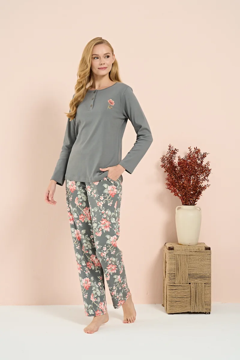 Kadın İnterlok Genç Desenli Önü Patlı Pijama Takım | Gri 3202