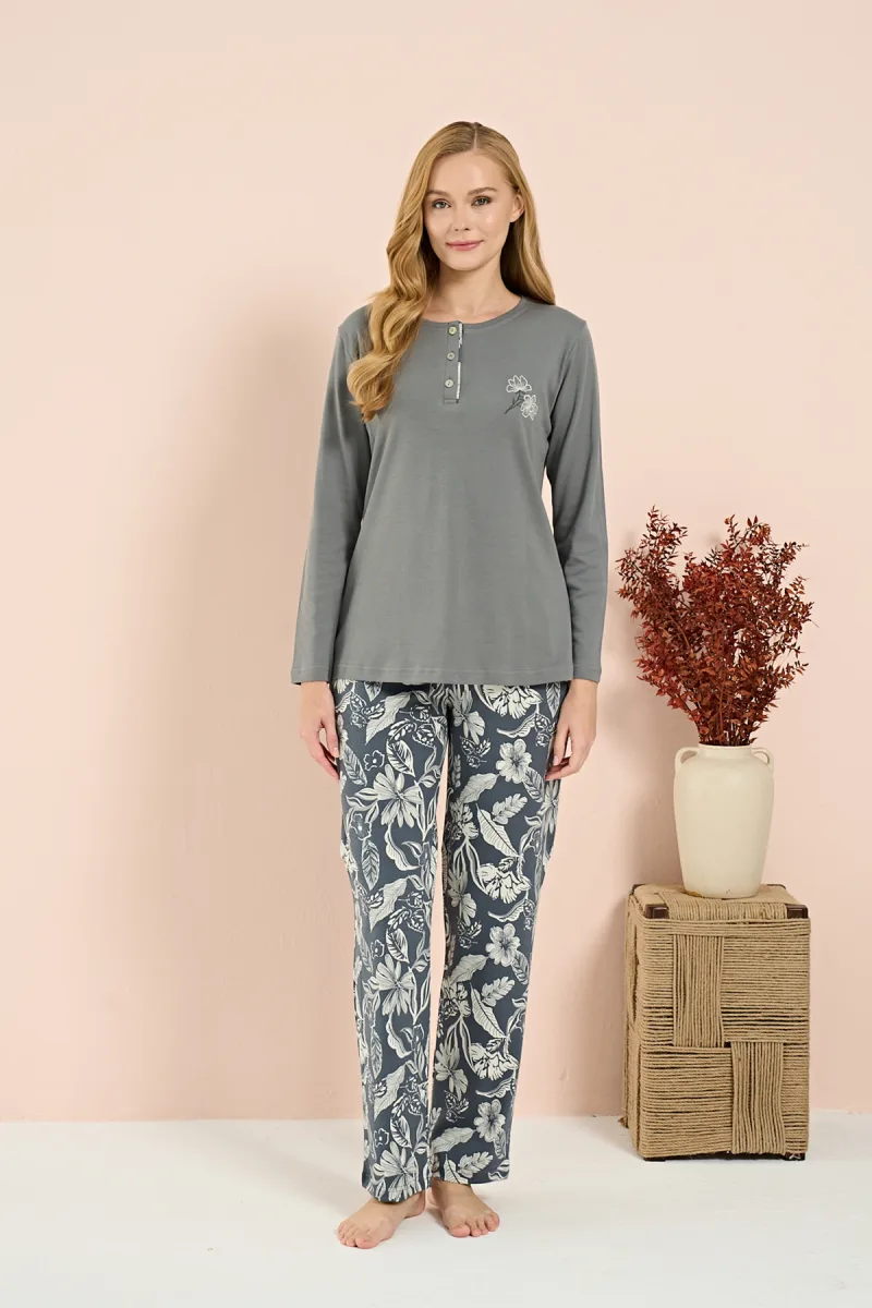Kadın İnterlok Genç Desenli Önü Patlı Pijama Takım | Gri 3212