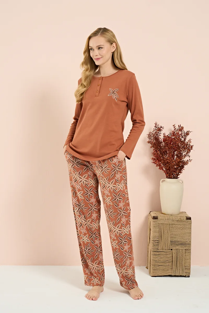 Kadın İnterlok Genç Desenli Önü Patlı Pijama Takım | Kiremit 3216