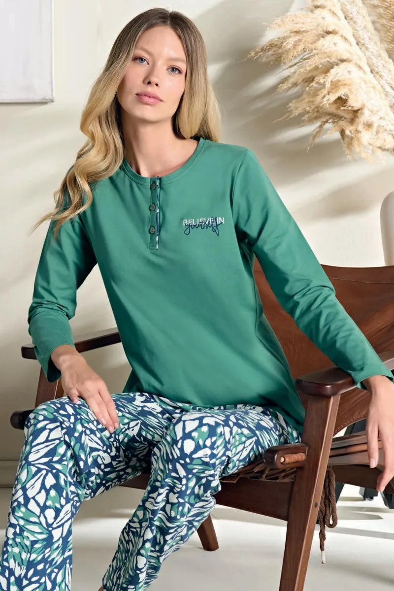 Kadın Likralı Süprem Önü Patlı Pijama Takımı | Yeşil 3121