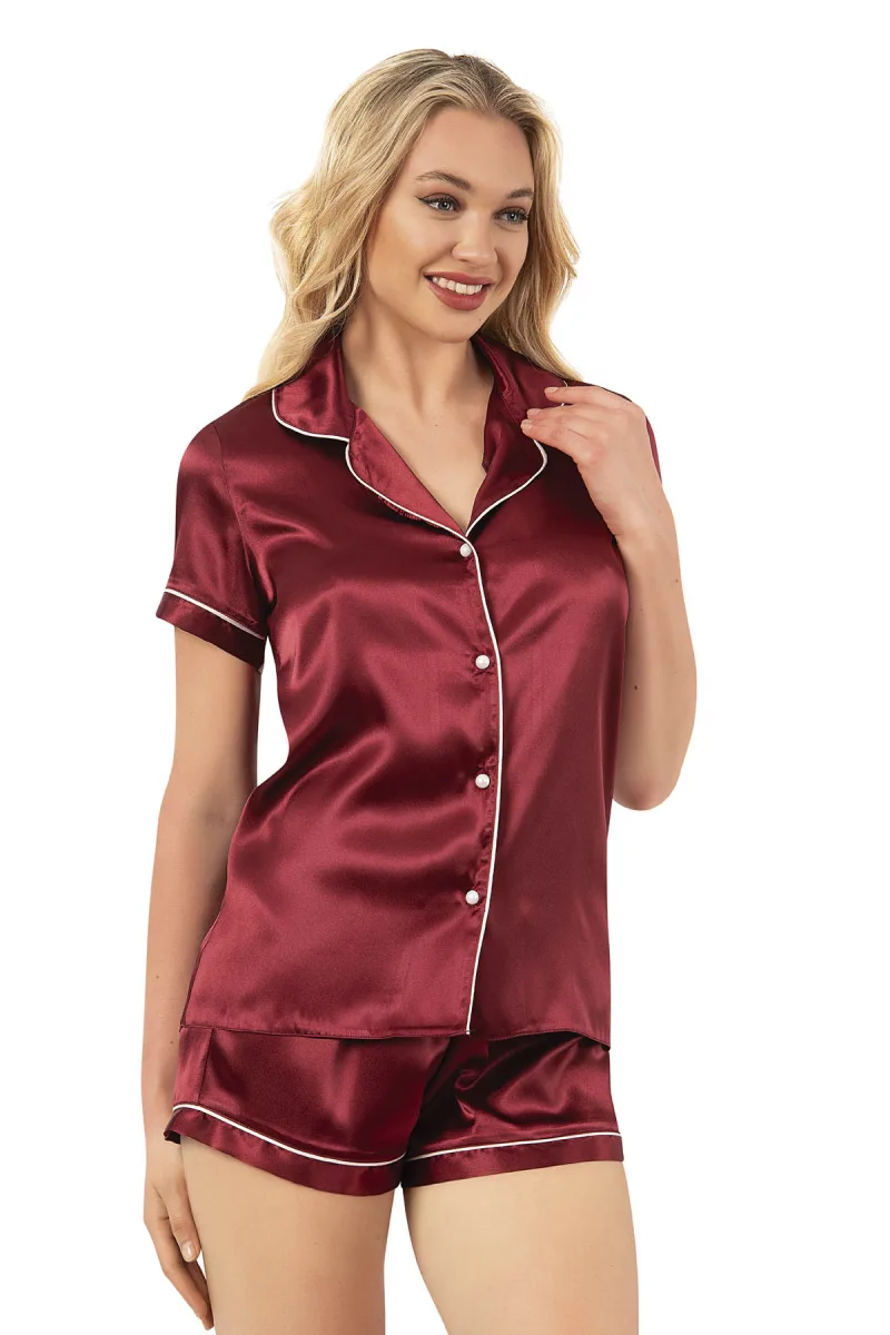 Kadın Saten Biyeli Kısa Kol Şortlu Pijama Takım | Bordo 7847
