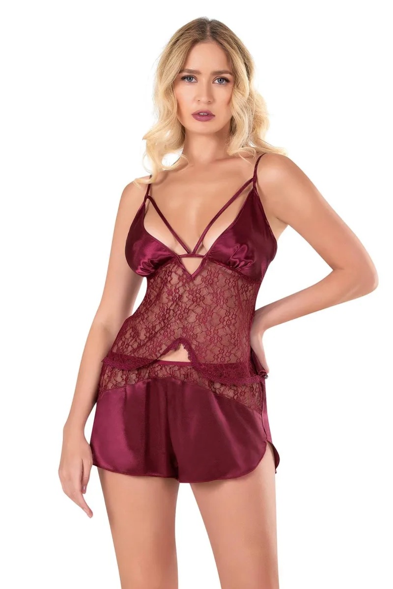 Kadın Saten Dantelli Transparan Şortlu Babydoll Takım | Bordo 9118