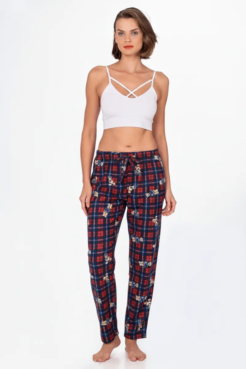 Kadın Süet Ekoseli Ayıcık Desen Pijama Tek Alt